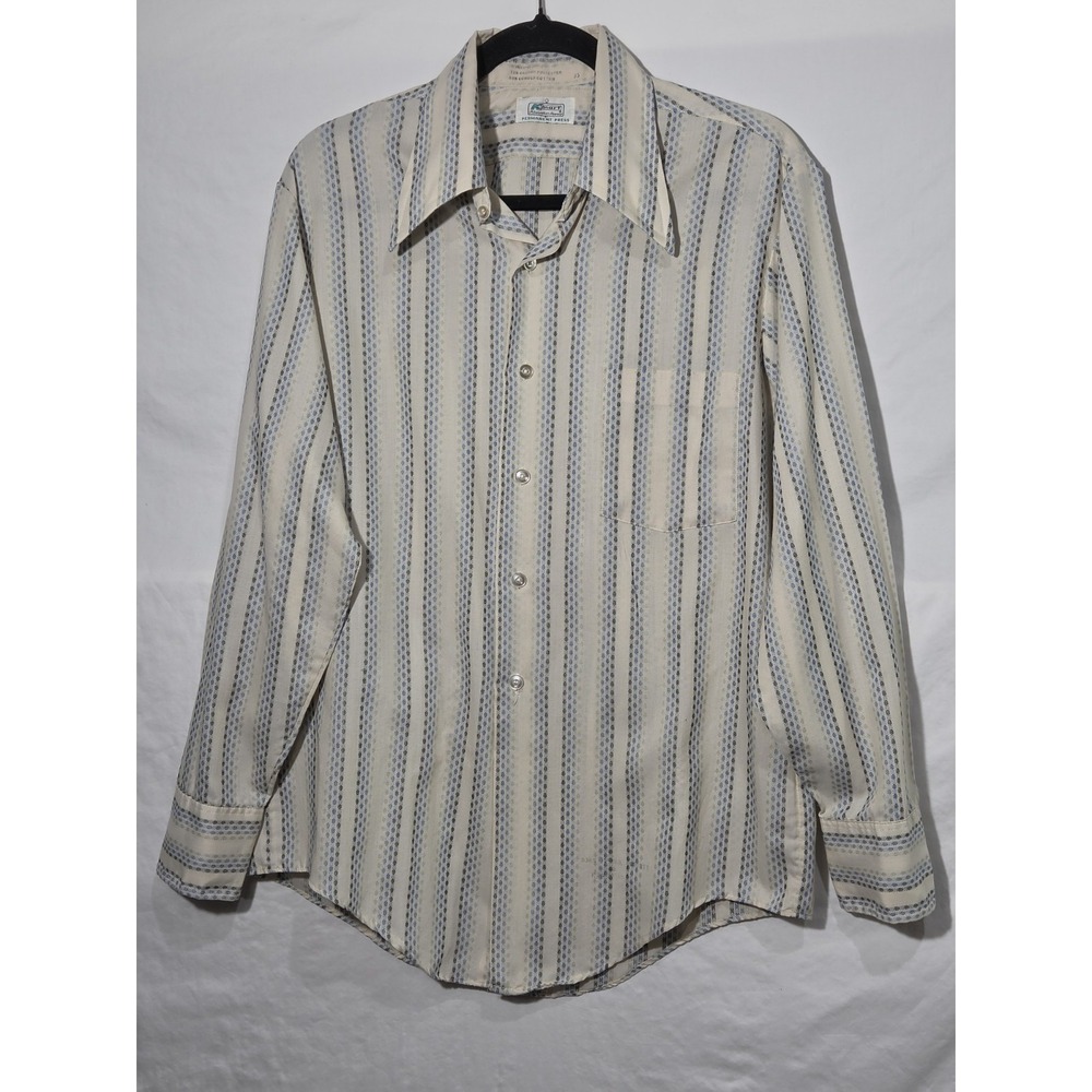 Vtg Kmart Perma Press Mens M 15 Blue Striped Longsleeve Button Up Shirt Retro